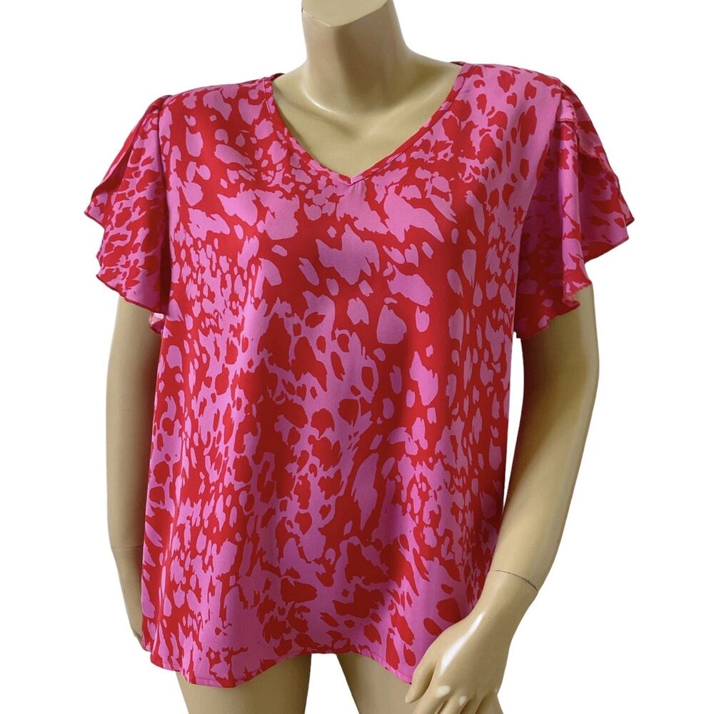 Shein XL Pink Red Animal Print Flutter Sleeve V Neck Lightweight Blouse Womens